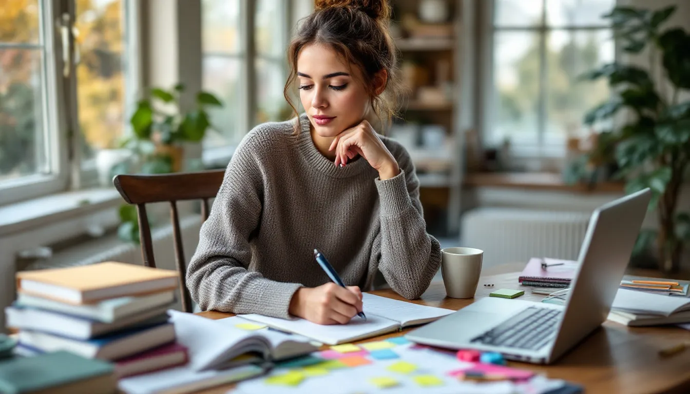 A person is sitting at a desk, thoughtfully organizing their life goals and priorities, surrounded by notebooks and a laptop. This scene emphasizes the importance of work-life balance, as they plan how to spend time on personal interests and responsibilities for a healthier, more fulfilling future.